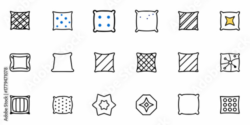 Collection of different pillow designs with various patterns and shapes in a grid arrangement style