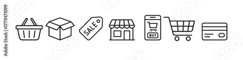 Minimalist online shopping icons: basket, cart, card, and storefront line art