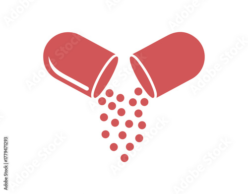 Icon of an open medical capsule with tiny drug balls falling out. Symbols of pharmacy and medications. Pill icons. A medical vector illustration set against a white background.