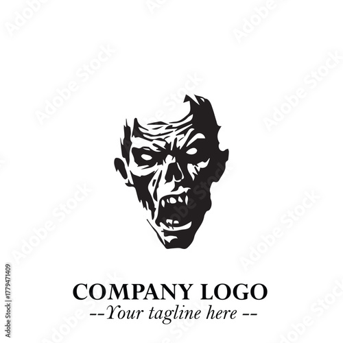 Head of Zombie Logo Symbol in Black on the White Background with Horror Minimal Vector Design