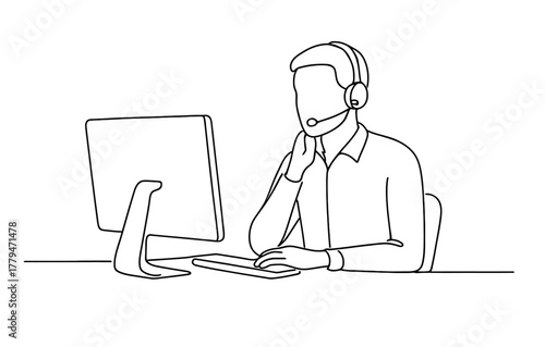 Minimalist outline of customer service representative using computer