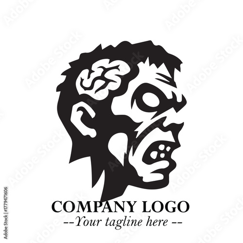 Head of Zombie Logo Symbol in Black on the White Background with Horror Minimal Vector Design