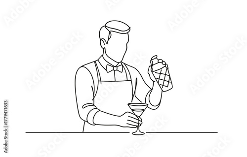 Bartender mixing cocktail with shaker in minimalist line art style