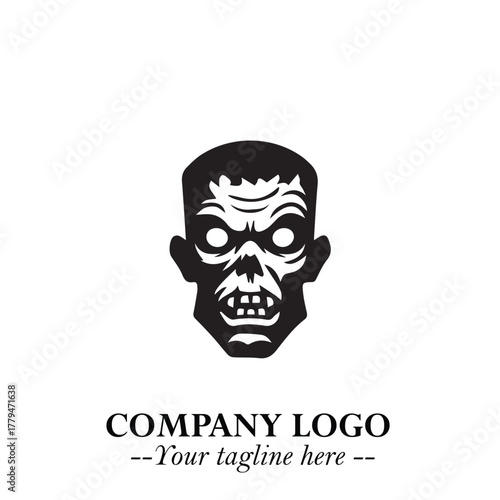 Head of Zombie Logo Symbol in Black on the White Background with Horror Minimal Vector Design