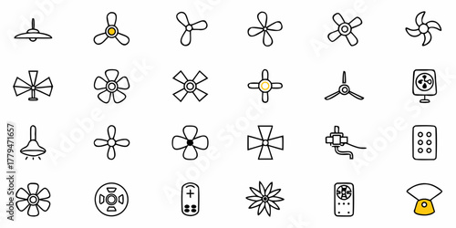 Illustration showing various ceiling fans, table fans, remotes, and light fixtures in a grid pattern