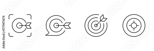 Target scan arrow, speech focus, dart bullseye, aim mark hit icon set, minimal outline goal achievement vector illustration.
