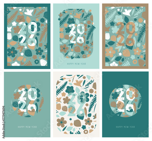Illustration vectorielle voeux 2026. Collection de cartes postales 2026. Composition florale élégante entourant les chiffres.