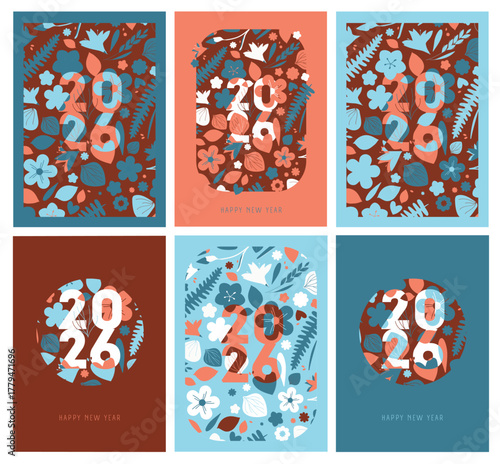 Illustration vectorielle voeux 2026. Collection de cartes postales 2026. Composition florale élégante entourant les chiffres.