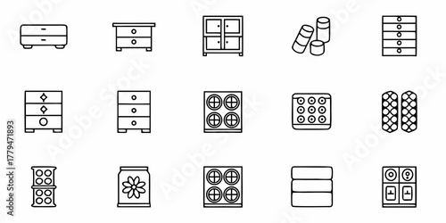 Depicts a collection of furniture items and storage solutions rendered in a minimalist line art style