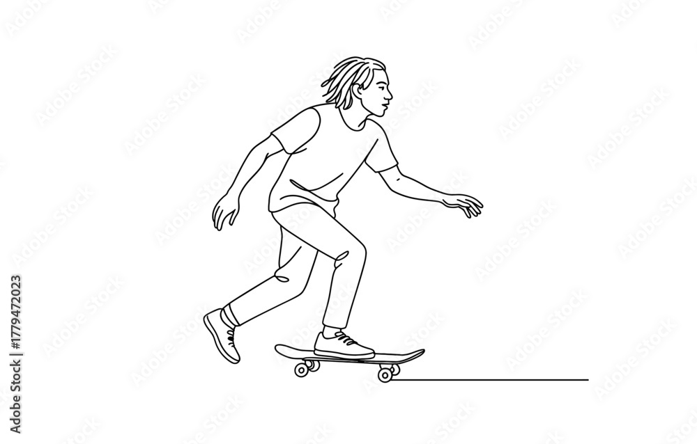 Fototapeta premium Person skateboarding in motion: minimalist one line art drawing