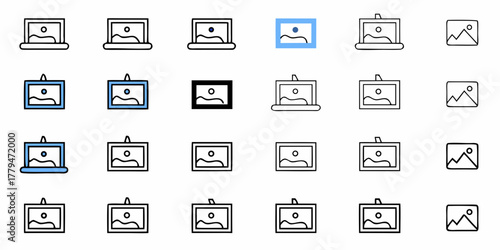 A collection of twenty seven framed picture icons with various styles and hanging or display methods