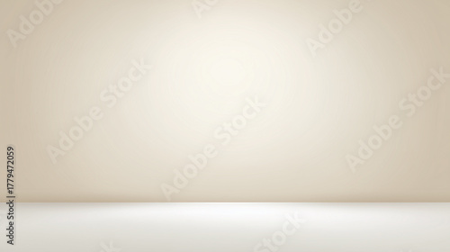 Minimal clean backdrop empty beige wall smooth floor soft lighting neutral background modern studio simple interior copy space product display calm atmosphere