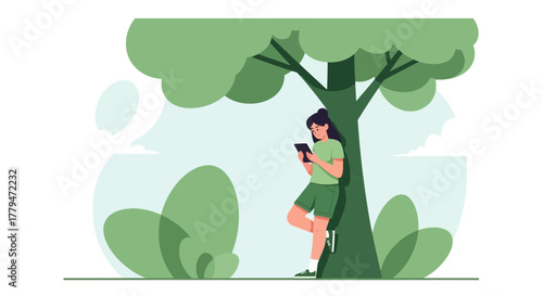 Woman Leaning Against A Tree Using A Tablet, Outdoors In A Bright Daylight Scene