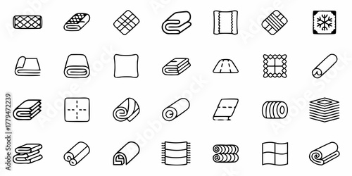 Illustration showing various types of folded and rolled textile products such as towels and blankets