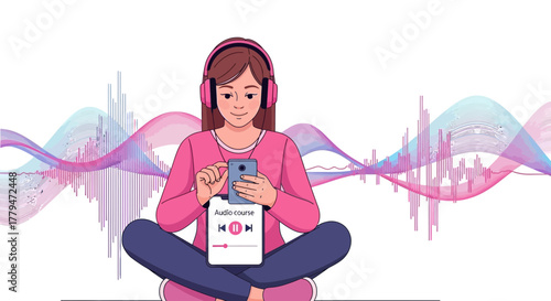 Woman Listening To Audio Course via Smartphone with Sound Visualizations Background