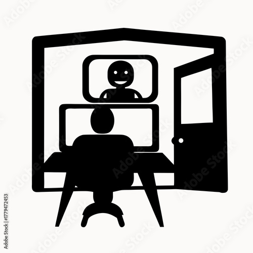 Person in room on video call with another person on screen in black and white illustration style image