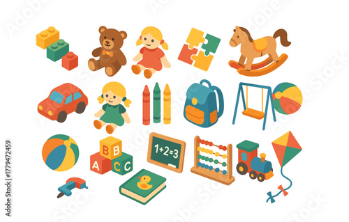 Colorful children's toys collection including blocks and dolls in flat design