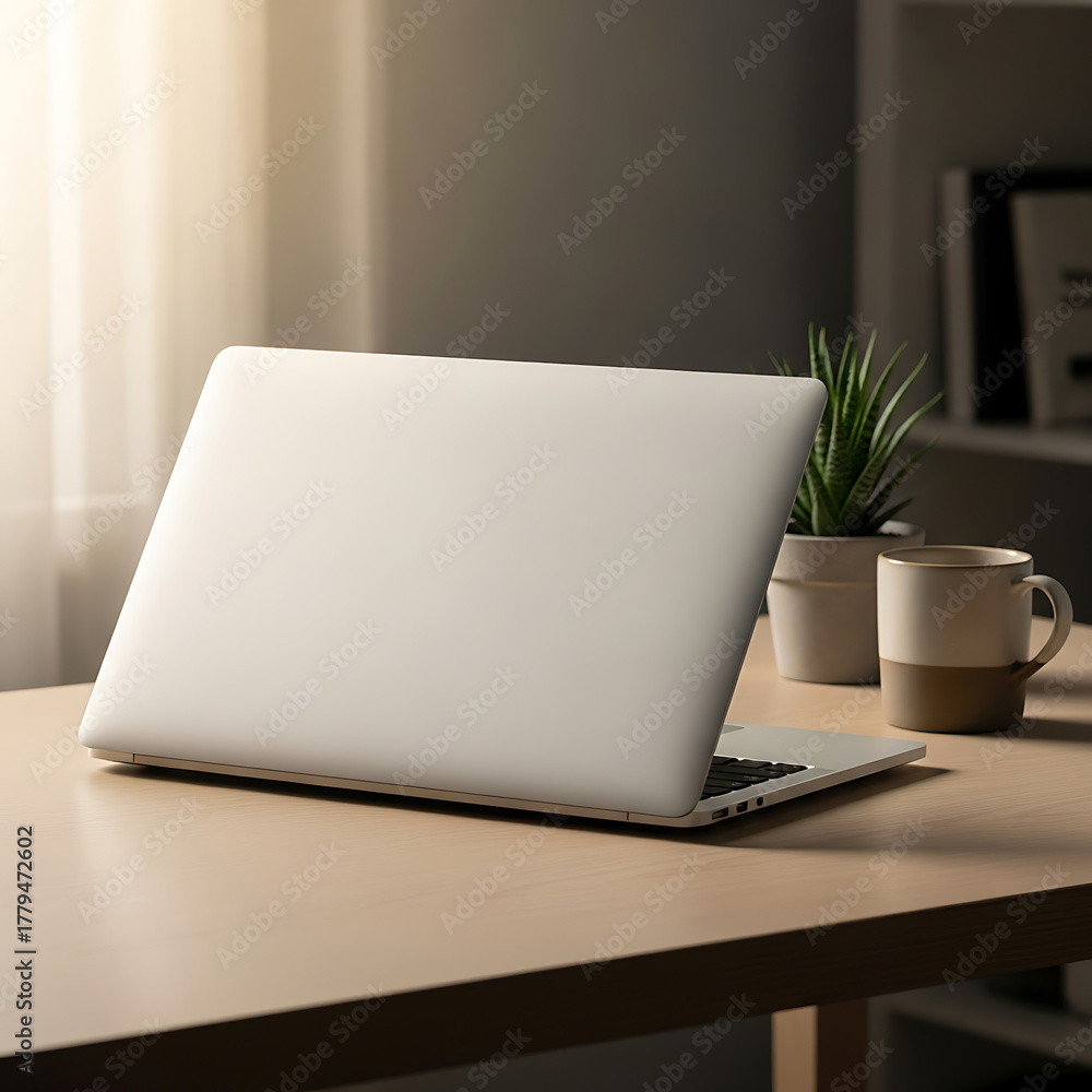 Fototapeta premium Sleek Laptop on Wooden Desk with Coffee Cup and Plant Simple Minimalist Workspace Cozy Home Office Setup for Focus and Productivity