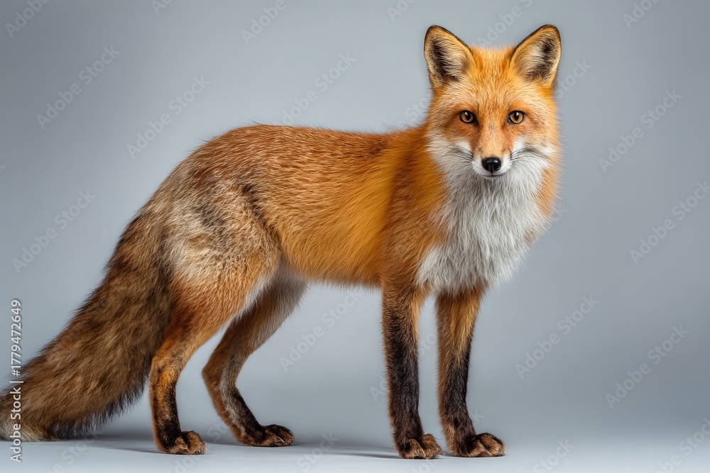 Obraz premium Red fox standing on a gray background looking forward