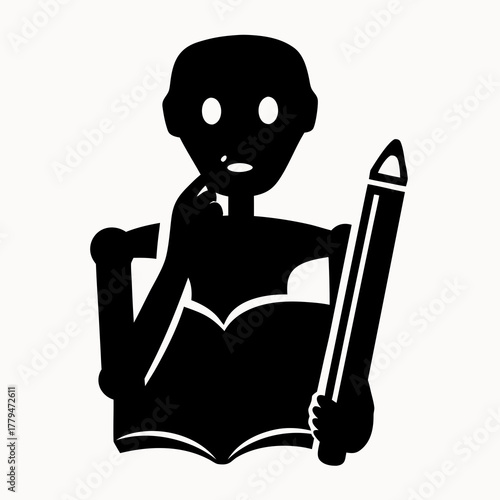 Silhouette of person reading a book while holding a pencil and pondering a thought or idea deeply now