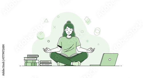 Woman Meditating Whilst Studying With Laptop And Books For a Balanced Life