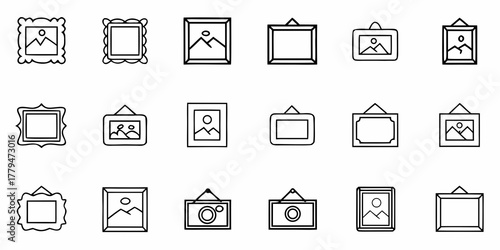 Collection of various decorative picture frames and hanging frames with different designs and orientations