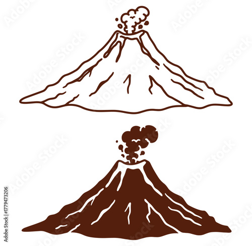 Stylized illustration of two erupting volcanoes graphic design isolated on a white background