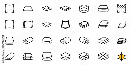 Collection of various bedding items including pillows sheets and folded towels in simple line art style