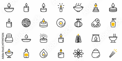 Collection of various spa and aromatherapy icons including candles, oils, and other related items