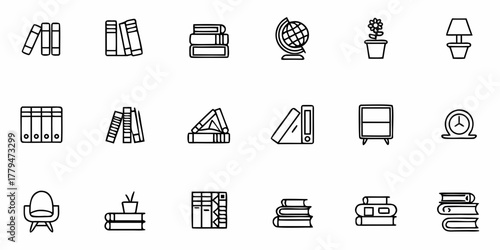Illustration of various books, globe, plant, lamp, cabinet, clock, and chair in a line art style
