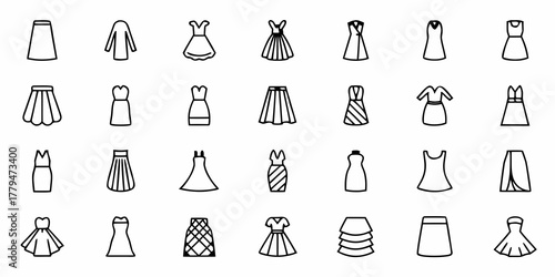 Collection of various dress and skirt outlines in a grid pattern showing different styles and designs