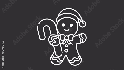 Gingerbread with candy white line animated icon. Motion graphic animation christmas themed