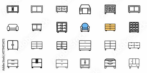 Illustration of various furniture items including cabinets dressers and a sofa on a white background