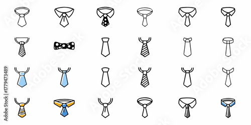 Collection of various ties and a bow tie displayed in a grid pattern with different styles