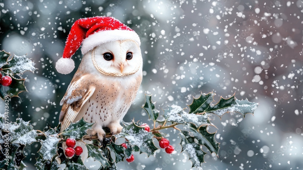 Obraz premium Snowy owl wearing a red Christmas hat perched on holly branches with snow falling in a winter landscape during the holiday season