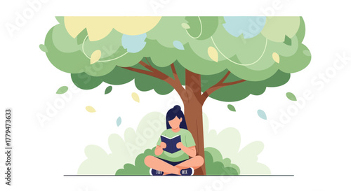 Woman Reading Beneath a Green Tree on a Sunny Day for Peace and Enjoyment