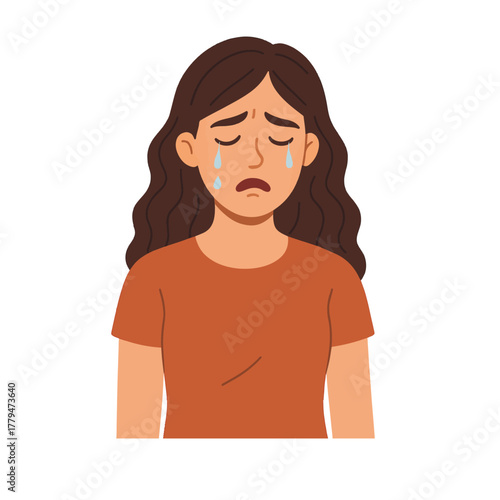 Cartoon-style character with long wavy brown hair, wearing a short-sleeved brown shirt, crying with closed eyes and tears streaming down both cheeks on a plain white background.