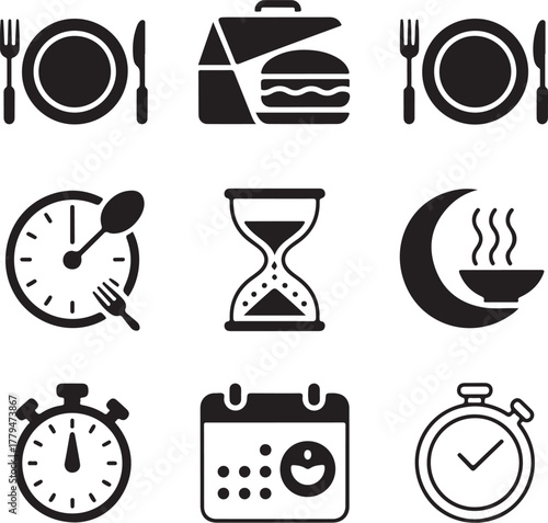 Nine Meal Timing Icons Representing Different Times of Day morning