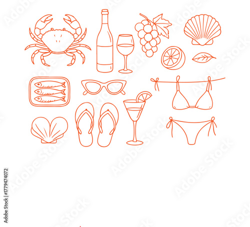 Summer vacation essentials with seafood and wine