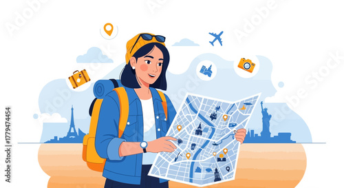 Woman Traveler Exploring Map With Landmarks Planning Trip To New Destinations Abroad