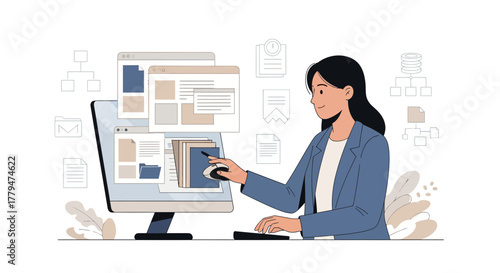 Woman Working On Computer With Data, Design, And Modern Workflow Illustration