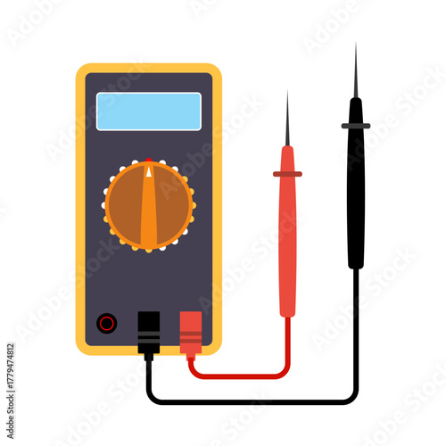 Digital Multimeter with Red and Black Probes Vector Illustration. Perfect for educational materials, electronics repair manuals, infographics or engineering presentations.