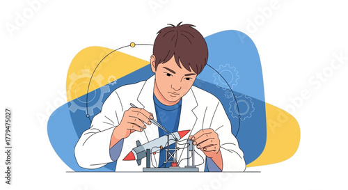 Young Engineer Assembling Rocket Model Demonstrates Precision And Scientific Innovation