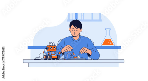 Young Engineer Assembling Robotic Hardware in Laboratory Flat Illustration