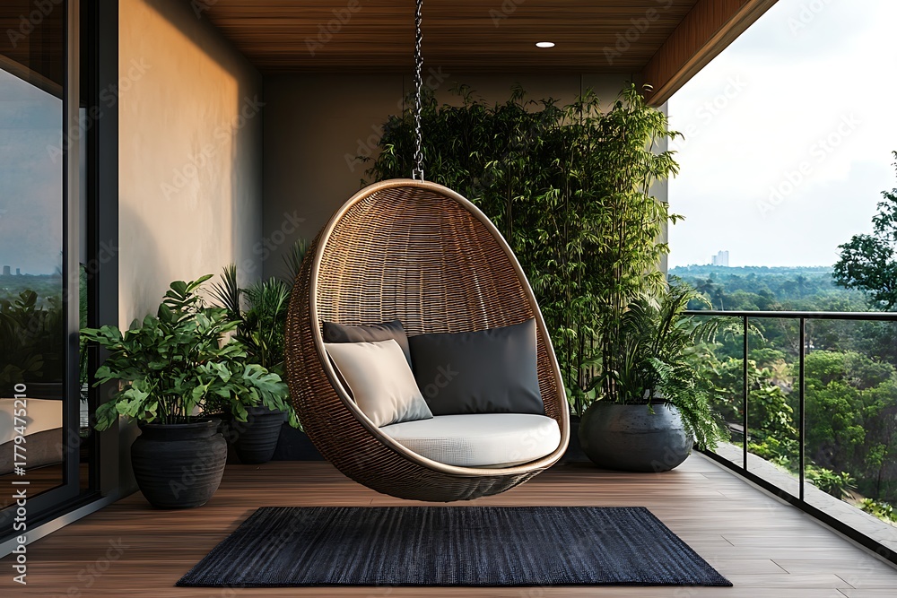 Obraz premium Relaxing woven egg shaped hanging chair with cushions on a wooden balcony surrounded by lush green plants and a scenic view