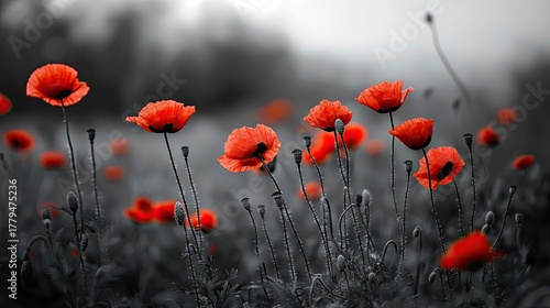 Vibrant red poppies stand out in a black and white field during spring, showcasing nature's unique beauty and contrast in a serene landscape