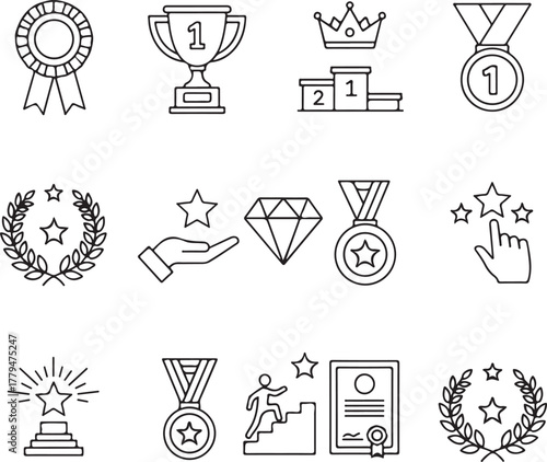 Outline icons representing awards achievements and recognition rosette trophy