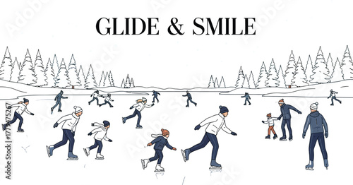 People ice skating on a frozen lake surrounded by snow covered pine trees