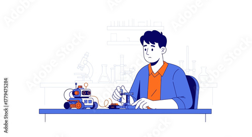 Young Inventor Working on Robot Prototype with Electronic Components in a Laboratory Setting