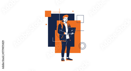 Young Man Holding Laptop With Modern Geometric Background for Digital Design